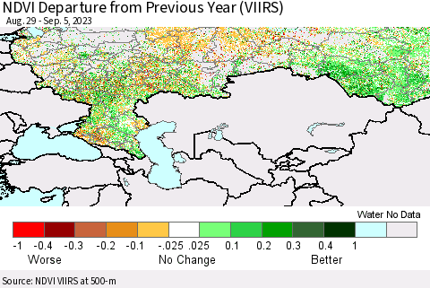 Russian Federation NDVI Departure from Previous Year (VIIRS) Thematic Map For 8/29/2023 - 9/5/2023