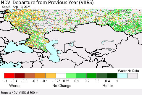 Russian Federation NDVI Departure from Previous Year (VIIRS) Thematic Map For 9/6/2023 - 9/13/2023