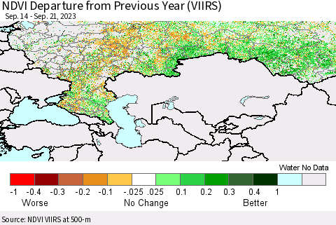 Russian Federation NDVI Departure from Previous Year (VIIRS) Thematic Map For 9/14/2023 - 9/21/2023