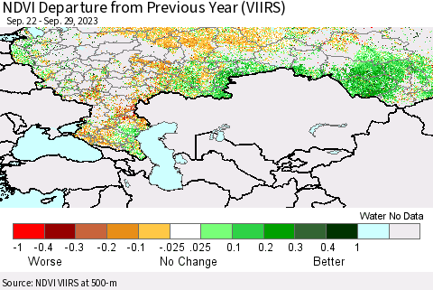 Russian Federation NDVI Departure from Previous Year (VIIRS) Thematic Map For 9/22/2023 - 9/29/2023