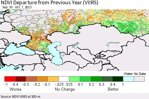 Russian Federation NDVI Departure from Previous Year (VIIRS) Thematic Map For 9/30/2023 - 10/7/2023