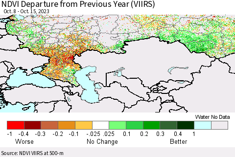 Russian Federation NDVI Departure from Previous Year (VIIRS) Thematic Map For 10/8/2023 - 10/15/2023