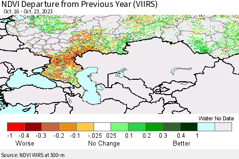 Russian Federation NDVI Departure from Previous Year (VIIRS) Thematic Map For 10/16/2023 - 10/23/2023