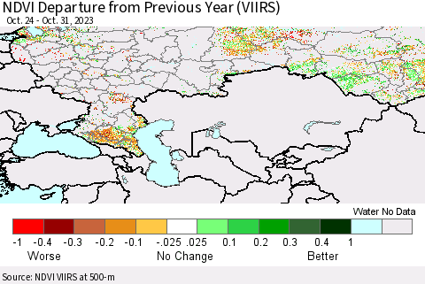 Russian Federation NDVI Departure from Previous Year (VIIRS) Thematic Map For 10/24/2023 - 10/31/2023