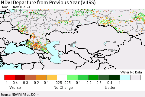 Russian Federation NDVI Departure from Previous Year (VIIRS) Thematic Map For 11/1/2023 - 11/8/2023
