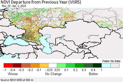 Russian Federation NDVI Departure from Previous Year (VIIRS) Thematic Map For 3/29/2024 - 4/5/2024