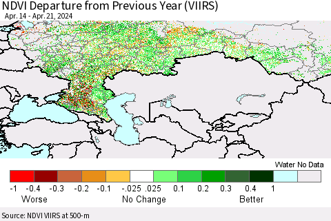Russian Federation NDVI Departure from Previous Year (VIIRS) Thematic Map For 4/14/2024 - 4/21/2024