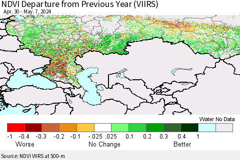 Russian Federation NDVI Departure from Previous Year (VIIRS) Thematic Map For 4/30/2024 - 5/7/2024