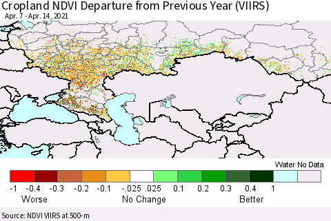 Russian Federation Cropland NDVI Departure from Previous Year (VIIRS) Thematic Map For 4/7/2021 - 4/14/2021
