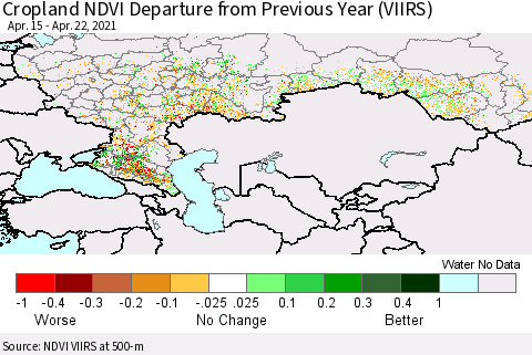 Russian Federation Cropland NDVI Departure from Previous Year (VIIRS) Thematic Map For 4/15/2021 - 4/22/2021