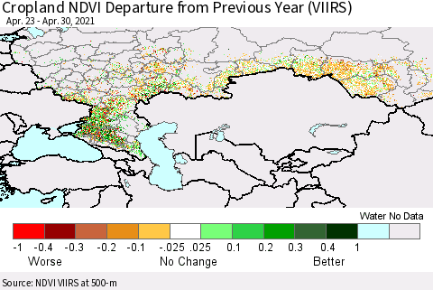 Russian Federation Cropland NDVI Departure from Previous Year (VIIRS) Thematic Map For 4/23/2021 - 4/30/2021