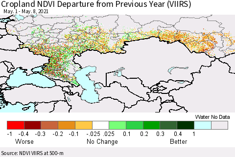 Russian Federation Cropland NDVI Departure from Previous Year (VIIRS) Thematic Map For 5/1/2021 - 5/8/2021