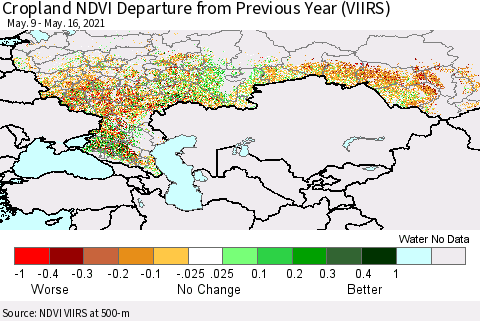 Russian Federation Cropland NDVI Departure from Previous Year (VIIRS) Thematic Map For 5/9/2021 - 5/16/2021