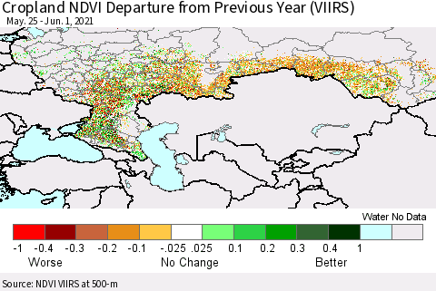 Russian Federation Cropland NDVI Departure from Previous Year (VIIRS) Thematic Map For 5/25/2021 - 6/1/2021