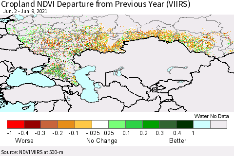 Russian Federation Cropland NDVI Departure from Previous Year (VIIRS) Thematic Map For 6/2/2021 - 6/9/2021