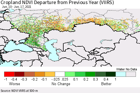 Russian Federation Cropland NDVI Departure from Previous Year (VIIRS) Thematic Map For 6/10/2021 - 6/17/2021