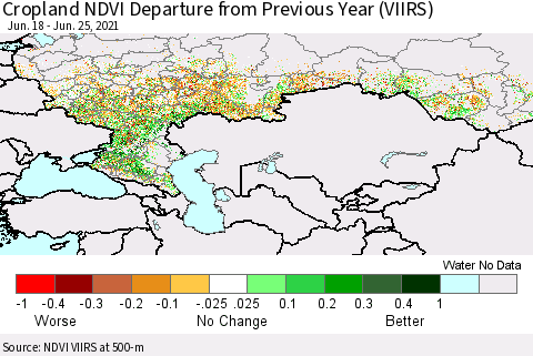 Russian Federation Cropland NDVI Departure from Previous Year (VIIRS) Thematic Map For 6/18/2021 - 6/25/2021