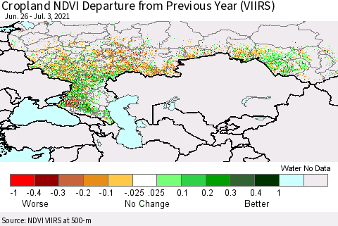 Russian Federation Cropland NDVI Departure from Previous Year (VIIRS) Thematic Map For 6/26/2021 - 7/3/2021