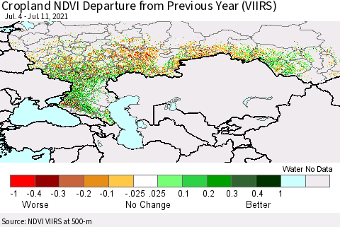 Russian Federation Cropland NDVI Departure from Previous Year (VIIRS) Thematic Map For 7/4/2021 - 7/11/2021