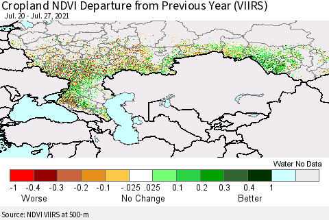 Russian Federation Cropland NDVI Departure from Previous Year (VIIRS) Thematic Map For 7/20/2021 - 7/27/2021