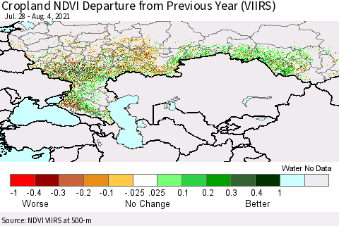 Russian Federation Cropland NDVI Departure from Previous Year (VIIRS) Thematic Map For 7/28/2021 - 8/4/2021