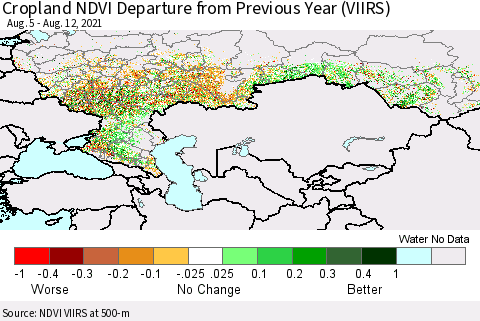 Russian Federation Cropland NDVI Departure from Previous Year (VIIRS) Thematic Map For 8/5/2021 - 8/12/2021