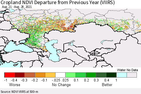 Russian Federation Cropland NDVI Departure from Previous Year (VIIRS) Thematic Map For 8/21/2021 - 8/28/2021