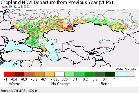 Russian Federation Cropland NDVI Departure from Previous Year (VIIRS) Thematic Map For 8/29/2021 - 9/5/2021