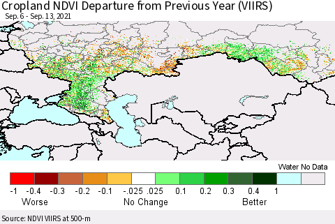 Russian Federation Cropland NDVI Departure from Previous Year (VIIRS) Thematic Map For 9/6/2021 - 9/13/2021