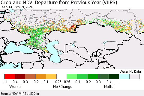 Russian Federation Cropland NDVI Departure from Previous Year (VIIRS) Thematic Map For 9/14/2021 - 9/21/2021