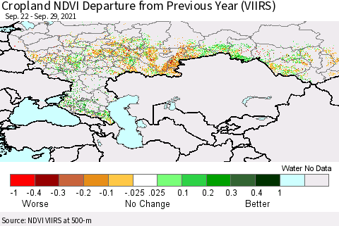 Russian Federation Cropland NDVI Departure from Previous Year (VIIRS) Thematic Map For 9/22/2021 - 9/29/2021