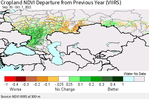 Russian Federation Cropland NDVI Departure from Previous Year (VIIRS) Thematic Map For 9/30/2021 - 10/7/2021