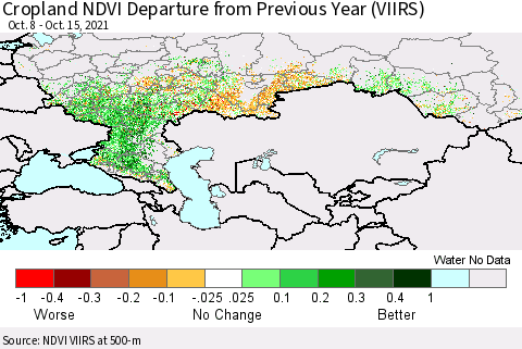 Russian Federation Cropland NDVI Departure from Previous Year (VIIRS) Thematic Map For 10/8/2021 - 10/15/2021