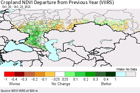 Russian Federation Cropland NDVI Departure from Previous Year (VIIRS) Thematic Map For 10/16/2021 - 10/23/2021