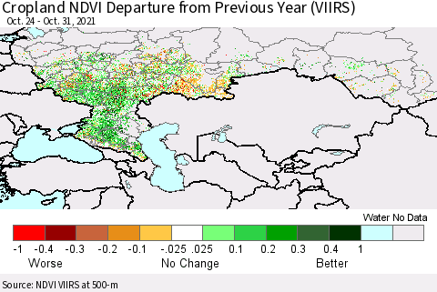 Russian Federation Cropland NDVI Departure from Previous Year (VIIRS) Thematic Map For 10/24/2021 - 10/31/2021