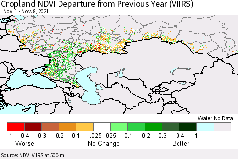 Russian Federation Cropland NDVI Departure from Previous Year (VIIRS) Thematic Map For 11/1/2021 - 11/8/2021