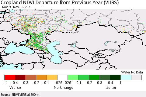 Russian Federation Cropland NDVI Departure from Previous Year (VIIRS) Thematic Map For 11/9/2021 - 11/16/2021