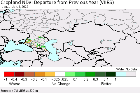 Russian Federation Cropland NDVI Departure from Previous Year (VIIRS) Thematic Map For 1/1/2022 - 1/8/2022