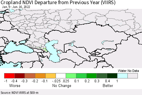 Russian Federation Cropland NDVI Departure from Previous Year (VIIRS) Thematic Map For 1/9/2022 - 1/16/2022