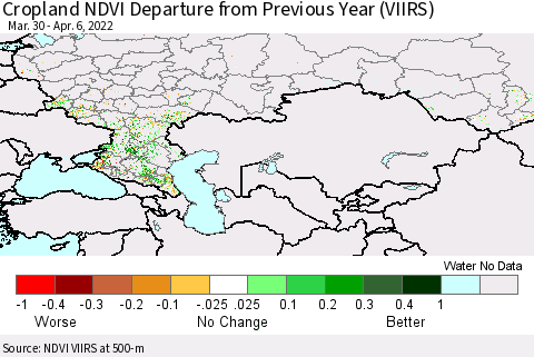 Russian Federation Cropland NDVI Departure from Previous Year (VIIRS) Thematic Map For 3/30/2022 - 4/6/2022