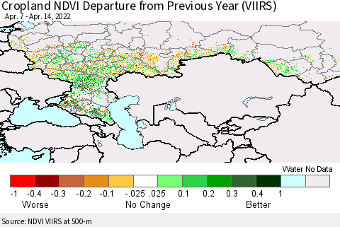 Russian Federation Cropland NDVI Departure from Previous Year (VIIRS) Thematic Map For 4/7/2022 - 4/14/2022