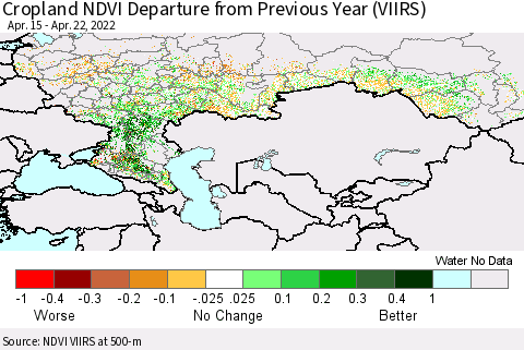 Russian Federation Cropland NDVI Departure from Previous Year (VIIRS) Thematic Map For 4/15/2022 - 4/22/2022