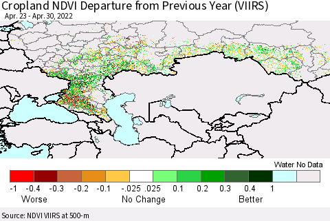 Russian Federation Cropland NDVI Departure from Previous Year (VIIRS) Thematic Map For 4/23/2022 - 4/30/2022