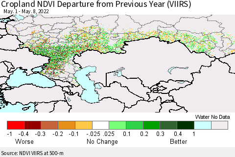 Russian Federation Cropland NDVI Departure from Previous Year (VIIRS) Thematic Map For 5/1/2022 - 5/8/2022