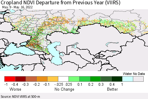 Russian Federation Cropland NDVI Departure from Previous Year (VIIRS) Thematic Map For 5/9/2022 - 5/16/2022
