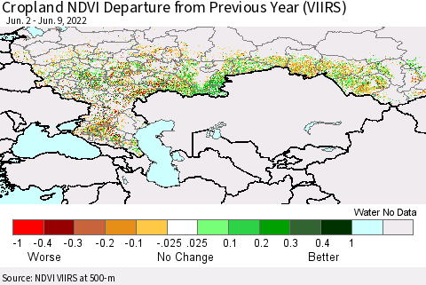 Russian Federation Cropland NDVI Departure from Previous Year (VIIRS) Thematic Map For 6/2/2022 - 6/9/2022
