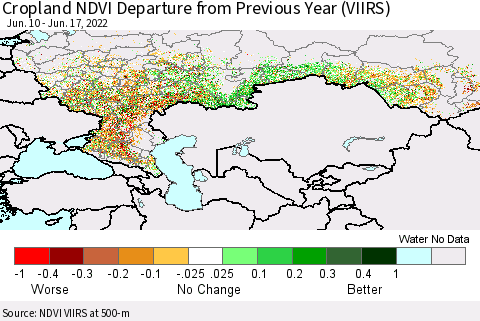 Russian Federation Cropland NDVI Departure from Previous Year (VIIRS) Thematic Map For 6/10/2022 - 6/17/2022