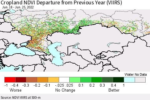 Russian Federation Cropland NDVI Departure from Previous Year (VIIRS) Thematic Map For 6/18/2022 - 6/25/2022