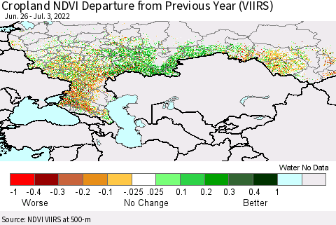 Russian Federation Cropland NDVI Departure from Previous Year (VIIRS) Thematic Map For 6/26/2022 - 7/3/2022