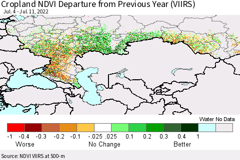 Russian Federation Cropland NDVI Departure from Previous Year (VIIRS) Thematic Map For 7/4/2022 - 7/11/2022